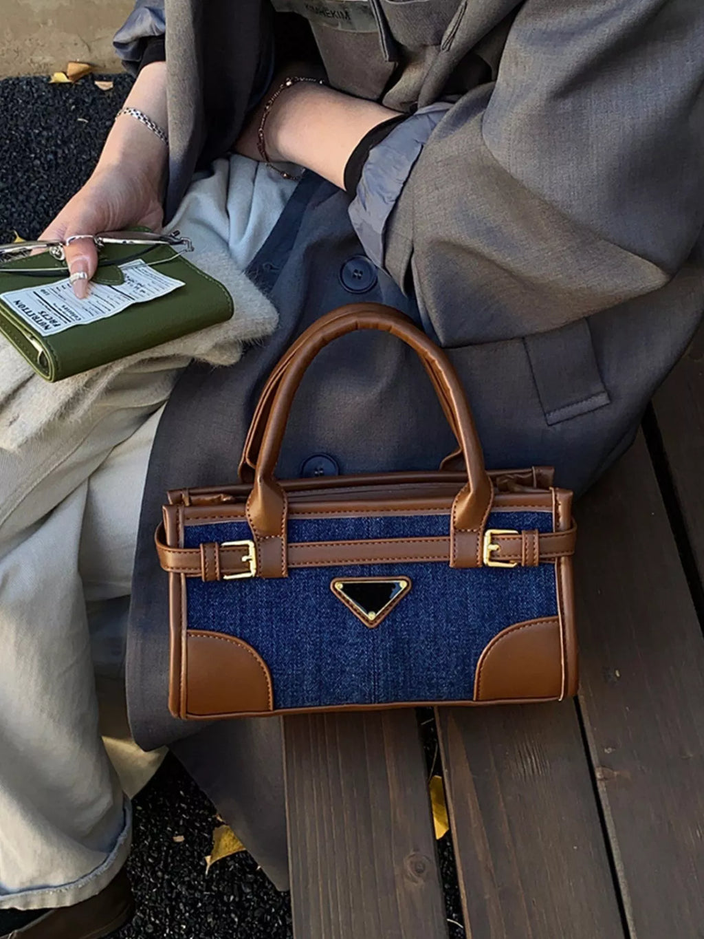 Denim patchwork crossbody bag with buckle detail — additional view 11