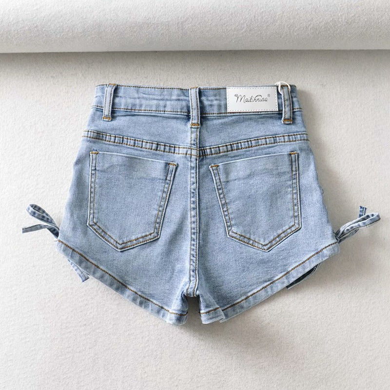 Women’s Blue Bow Detail Denim Shorts, close-up product view