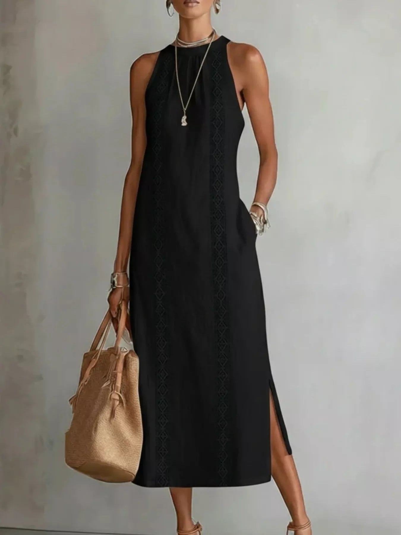 Sleeveless Lace Trim Midi Dress Plus Size, angled product view