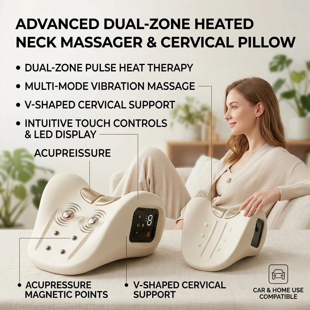 Massage pillow shown in use on neck and shoulders