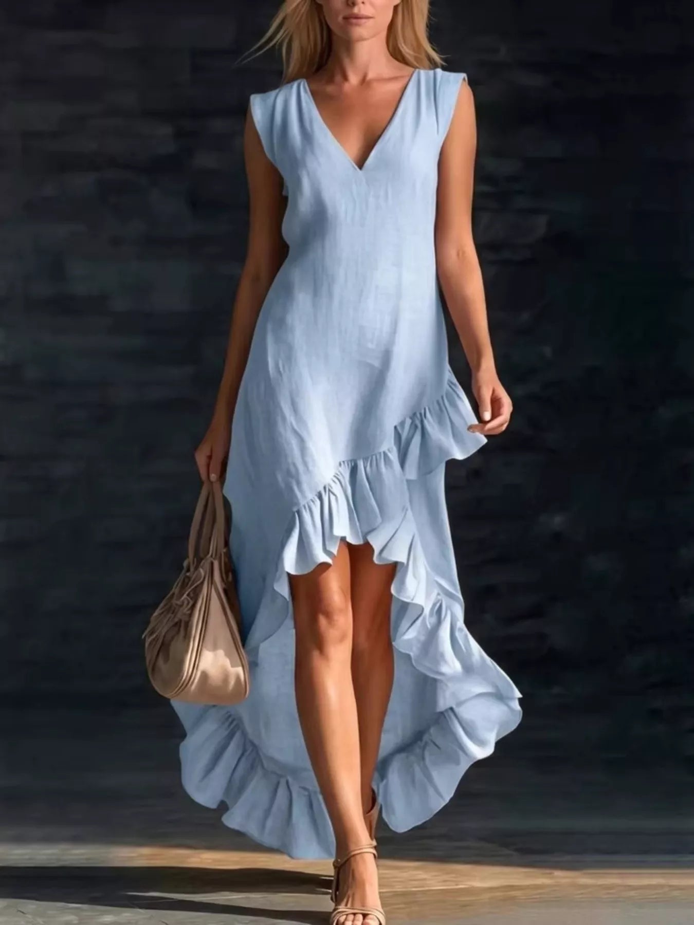 V-Neck Ruffle Hem High-Low Dress Plus Size, product view 7