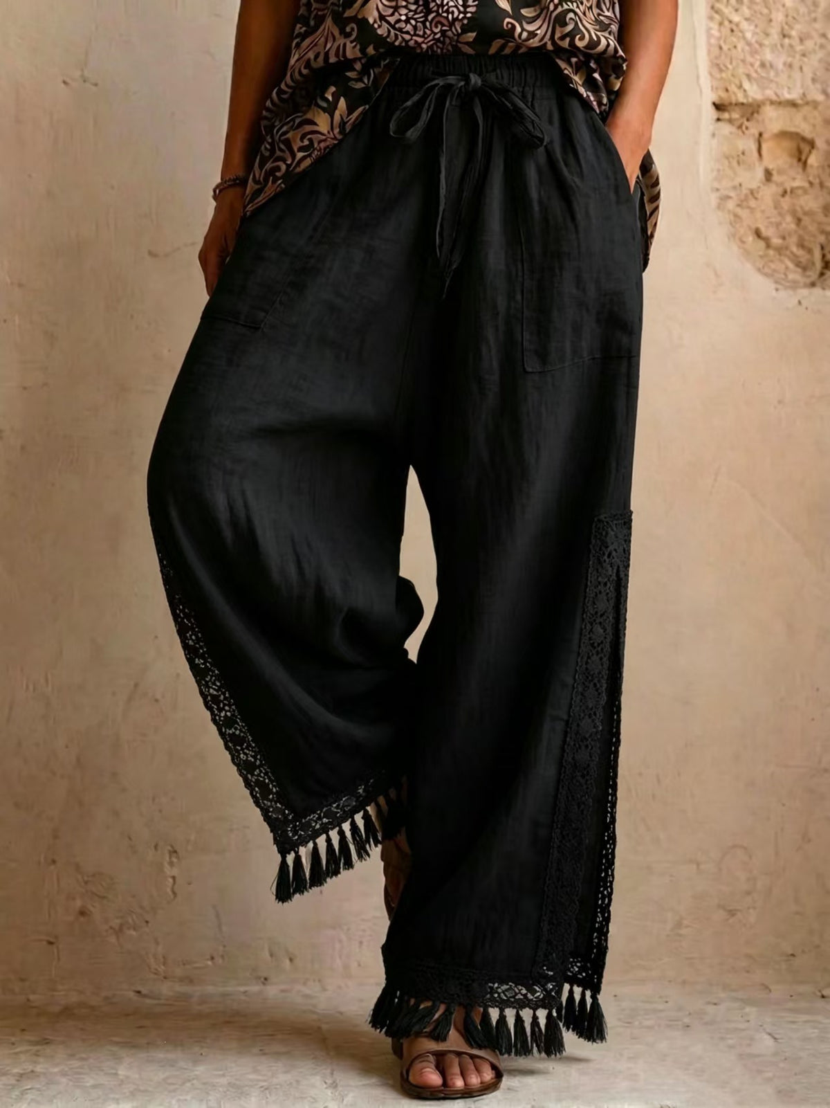 Lace-tassel bohemian wide-leg pants product image