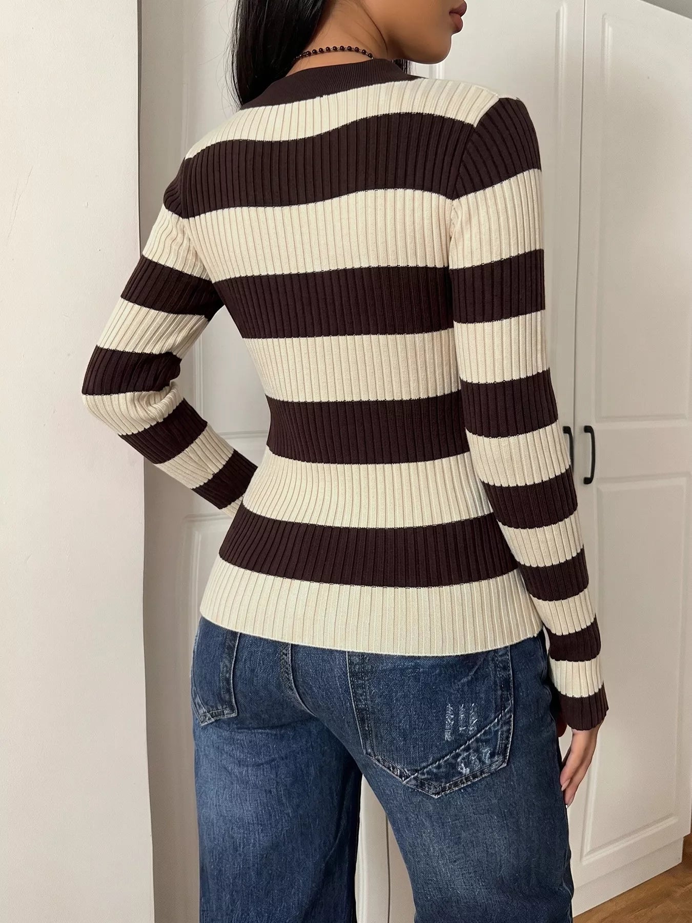 Striped Ribbed Knit Long Sleeve Sweater view 5