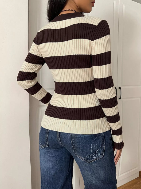 Striped Ribbed Knit Long Sleeve Sweater view 5