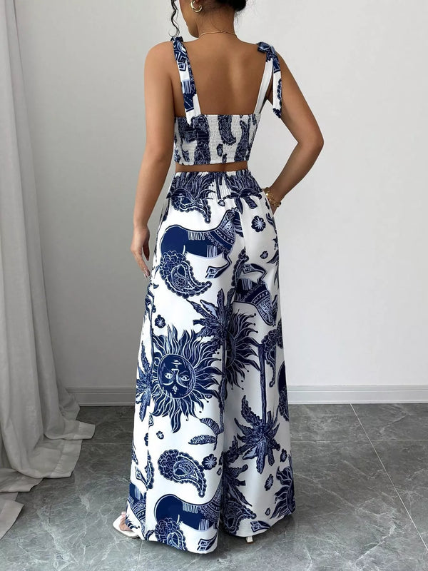 Floral Print Crop Top and Wide Leg Pants Set view 3