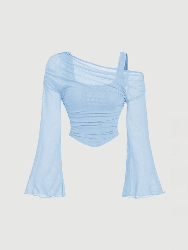 Product detail photo of Mesh Neck Pleated Long Sleeve Top, Blouse, mesh neck pleated long sleeve top, everyday style