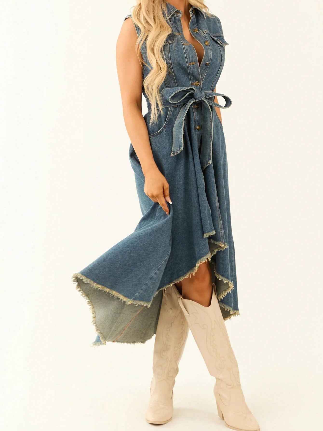 Sleeveless empire waist dress with hollow detail — additional view 5