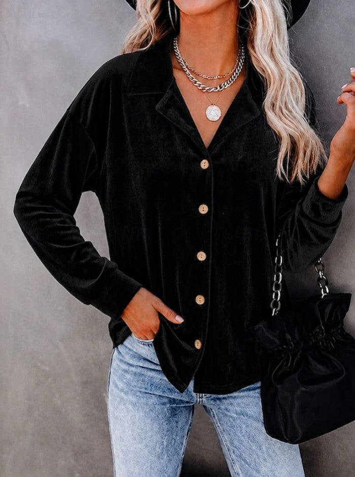 Product detail photo of Button Up Velvet Long Sleeve Shirt, Women’s Shirt, button up velvet long sleeve shirt, everyday style