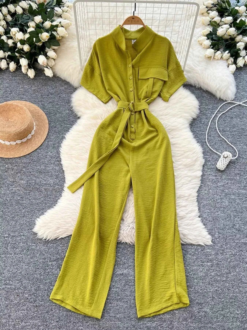 Casual Elegant Button Jumpsuit-Jumpsuit-Splashis-Color:Green-Size:One Size-Splashis