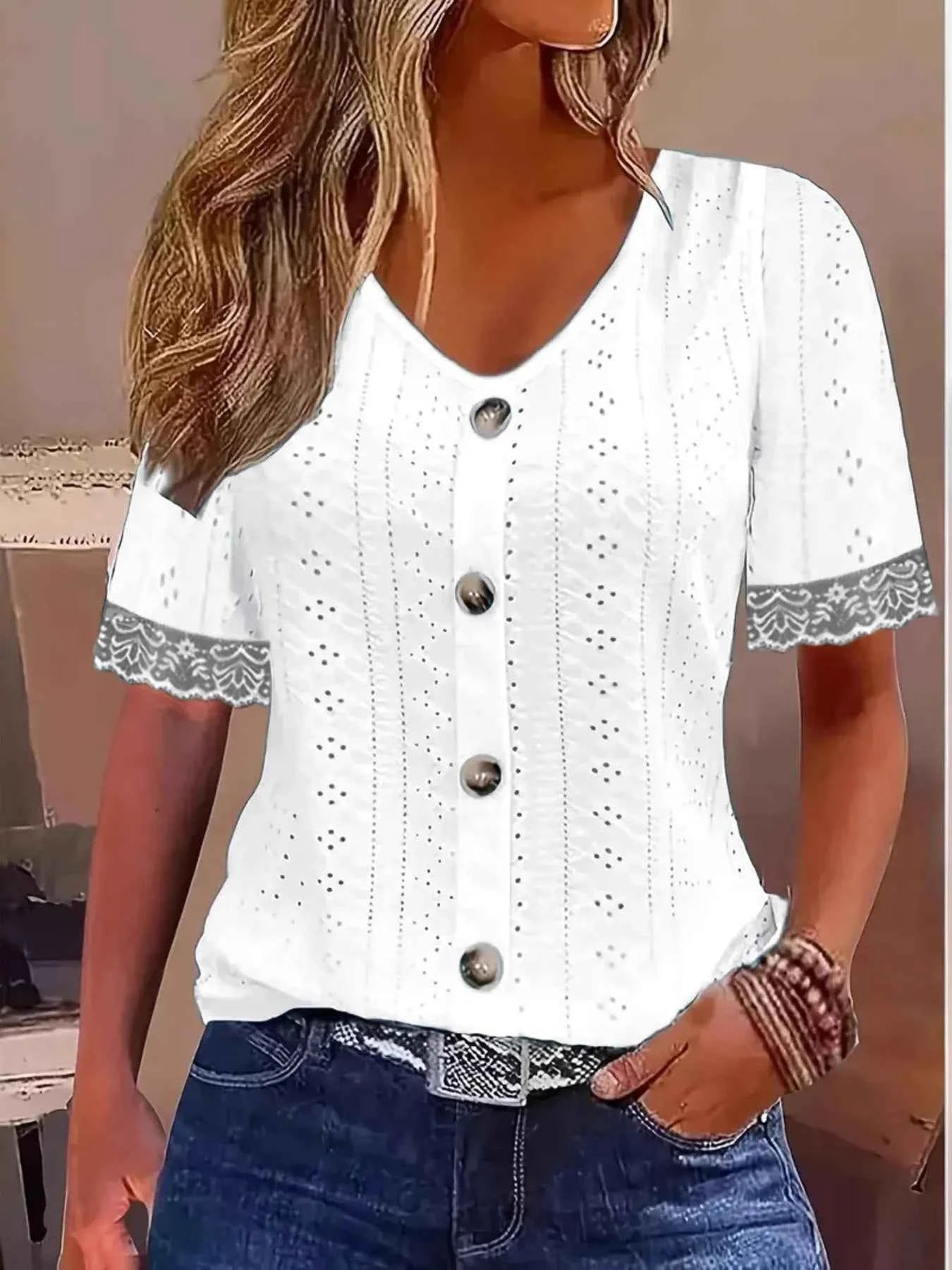 Eyelet lace short sleeve blouse — additional view 4