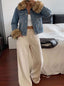 Cropped denim jacket with faux fur trim for women, image 5