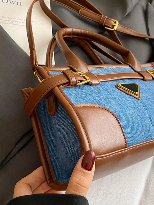 Denim patchwork crossbody bag with buckle detail — additional view 9