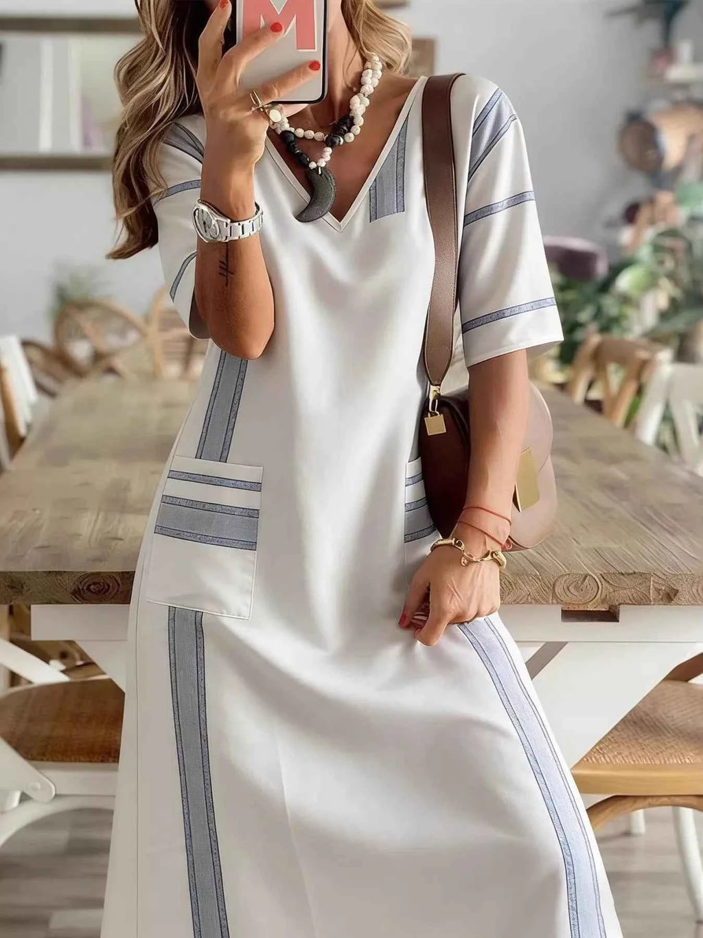 Striped V-neck maxi dress with pockets — additional view 3
