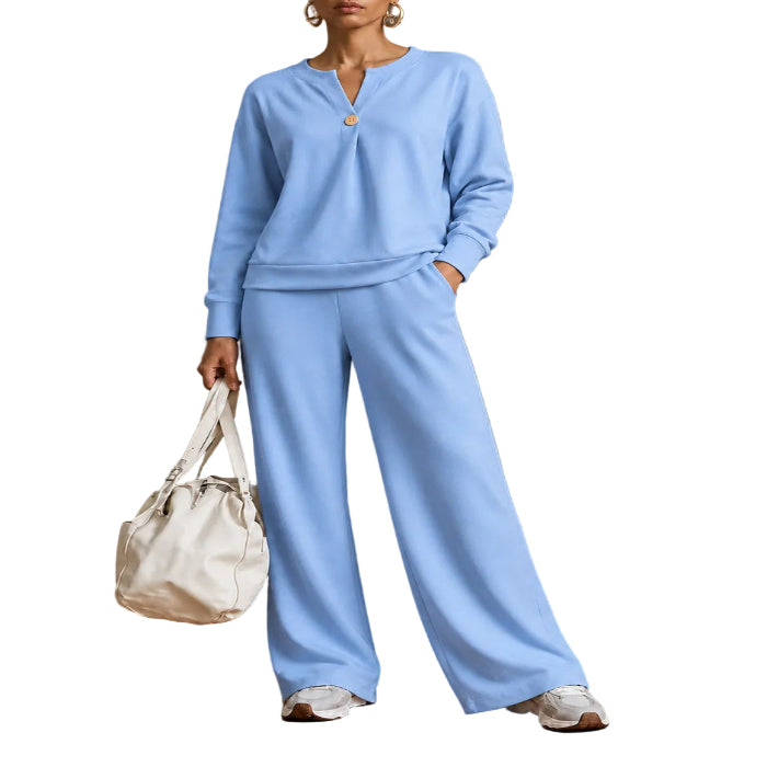 Women's Button-Front Sweatshirt and Wide Leg Pants Set product image