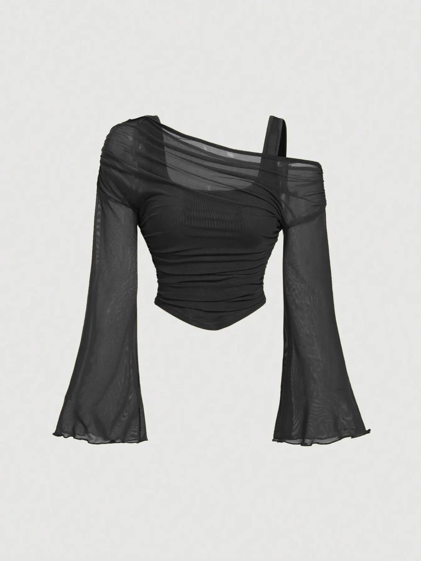 Product detail photo of Mesh Neck Pleated Long Sleeve Top, Blouse, mesh neck pleated long sleeve top, everyday style
