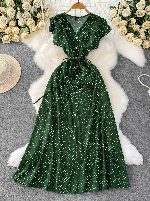 Vintage-Inspired Polka Dot Dress-Casual Dresses-Splashis-Color:Green-Size:One Size-Splashis