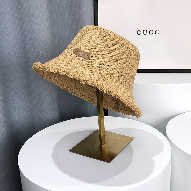 Khaki raw-edge bucket sun hat for women