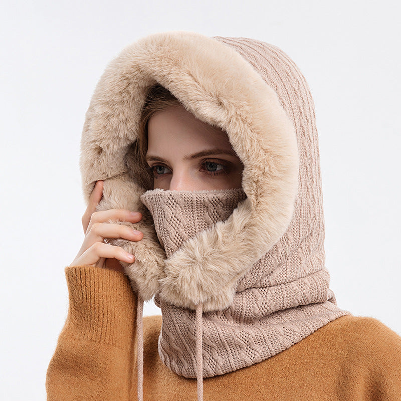 Beige plush hooded hat with scarf for women