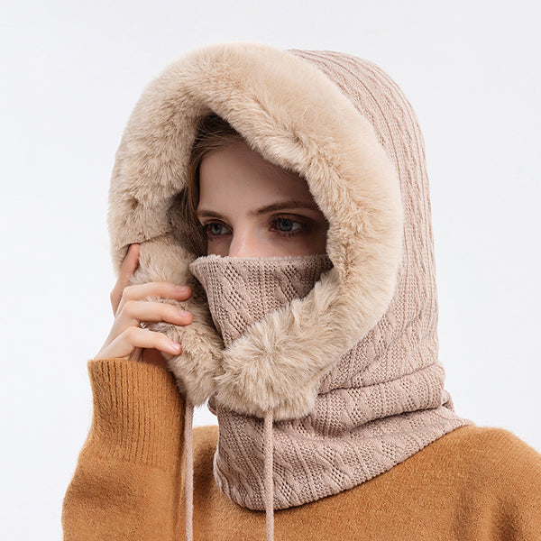 Beige plush hooded hat with scarf for women