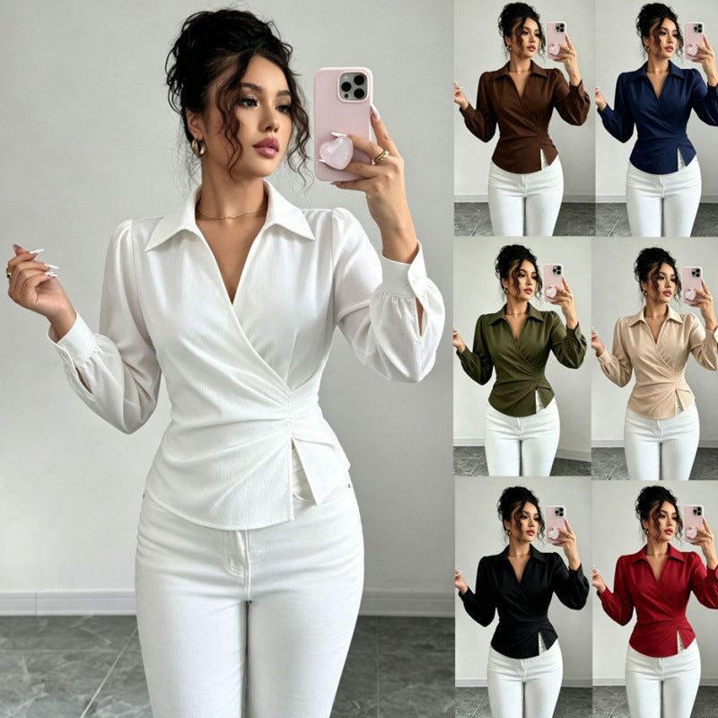 Main product photo of Cinched Waist Irregular V Neck Top, Women’s Top, everyday style