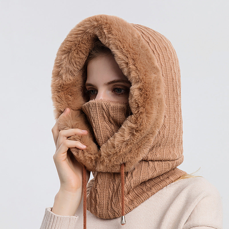 Khaki plush hooded hat with scarf for women