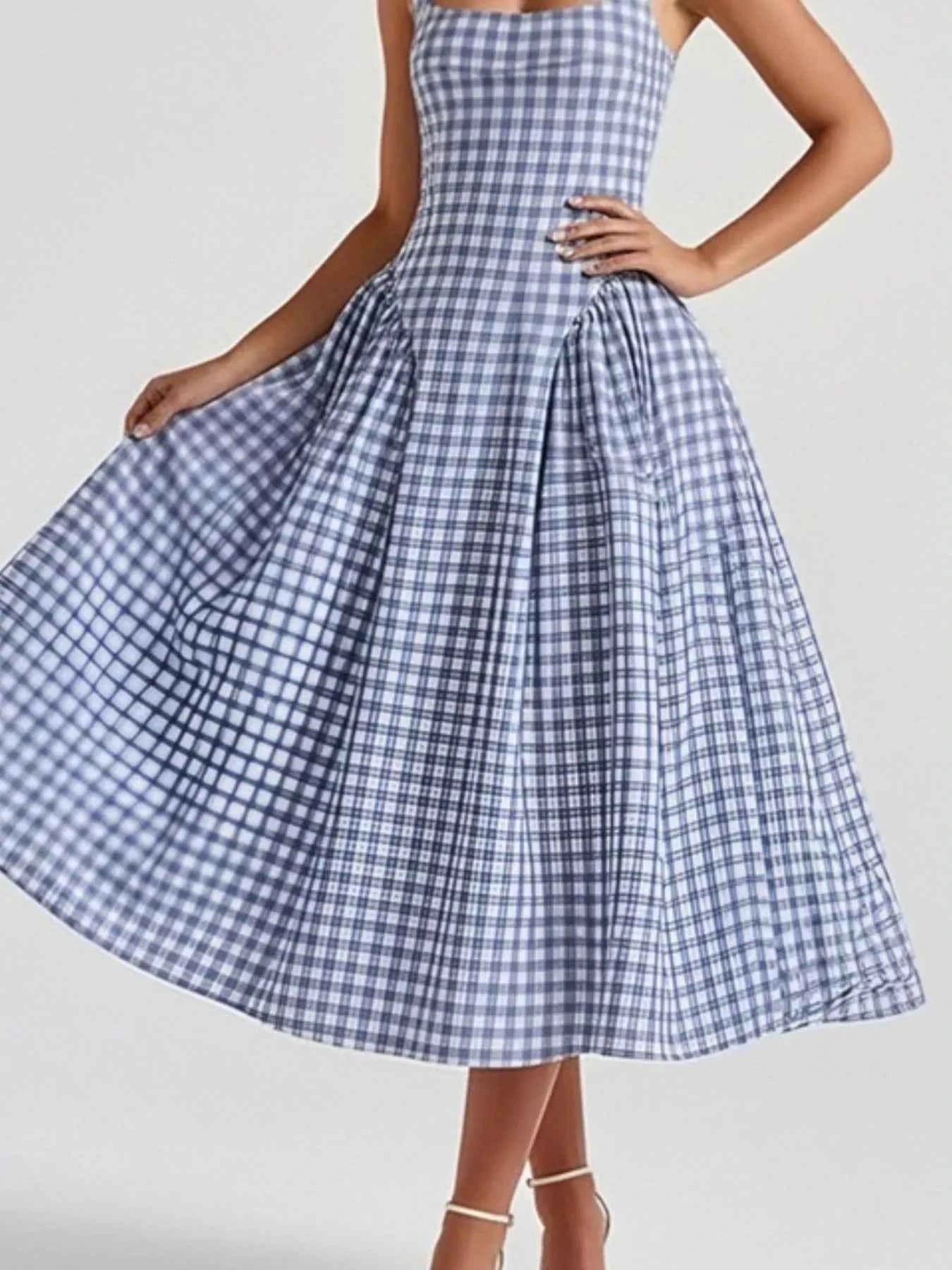 Full Size Square Neck Plaid Dress-Casual Dresses-Splashis-Splashis