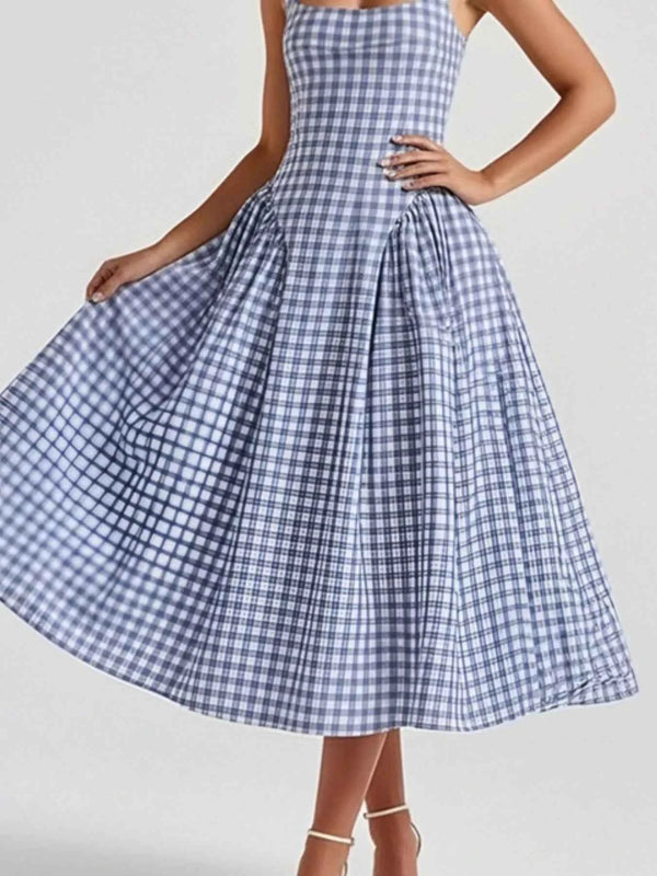 Full Size Square Neck Plaid Dress-Casual Dresses-Splashis-Splashis