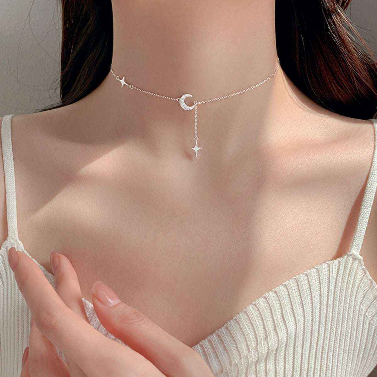 Star and moon pendant necklace in silver-plated alloy — additional view 2