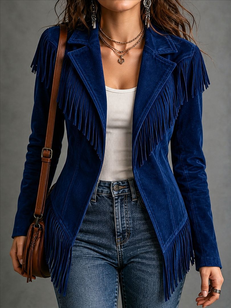 Fringe-trim faux suede jacket for women, image 8