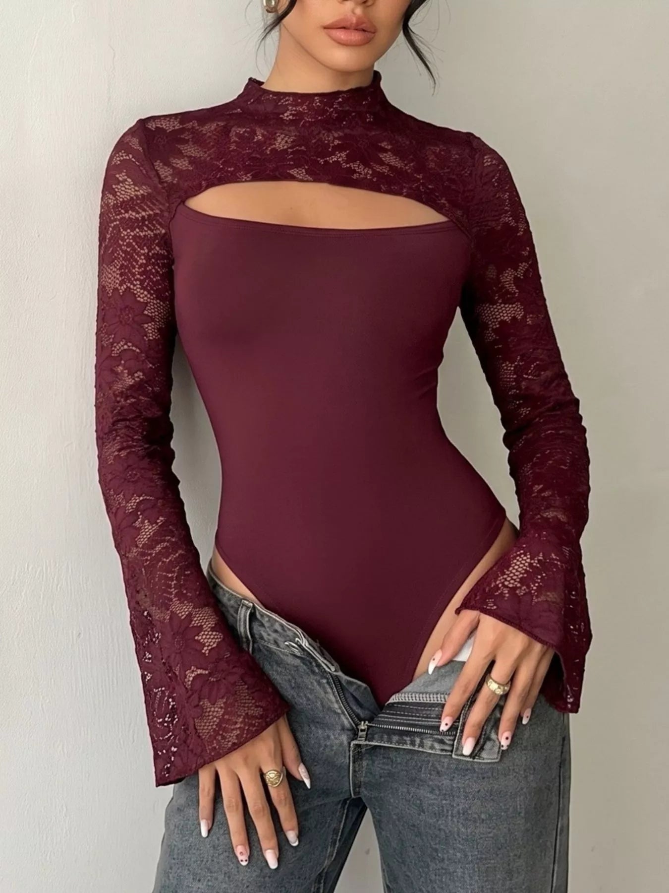 Lace cut-out flare sleeve bodysuit — additional view 6