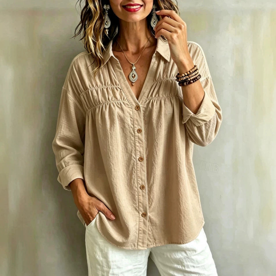 Product detail photo of V Neck Button Long Sleeve Blouse, Women’s Blouse, everyday style
