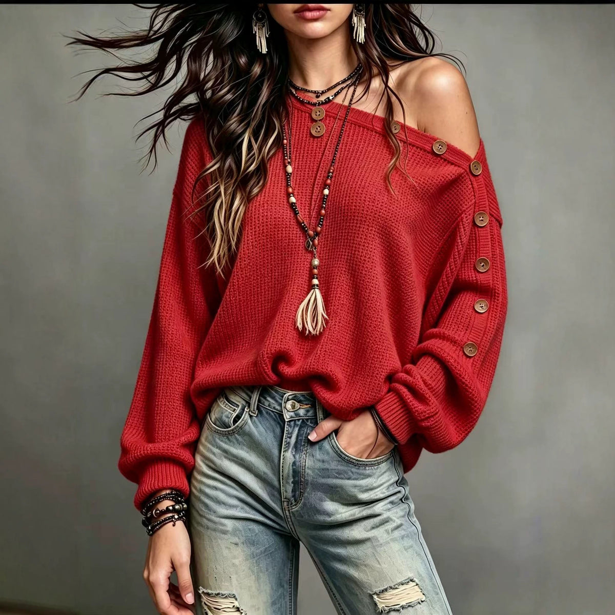 Off-Shoulder Button-Sleeve Pullover Sweater – view 5