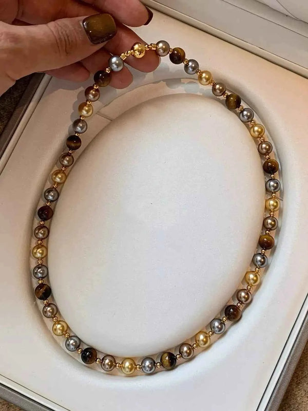 Tiger eye and pearl beaded necklace — additional view 3