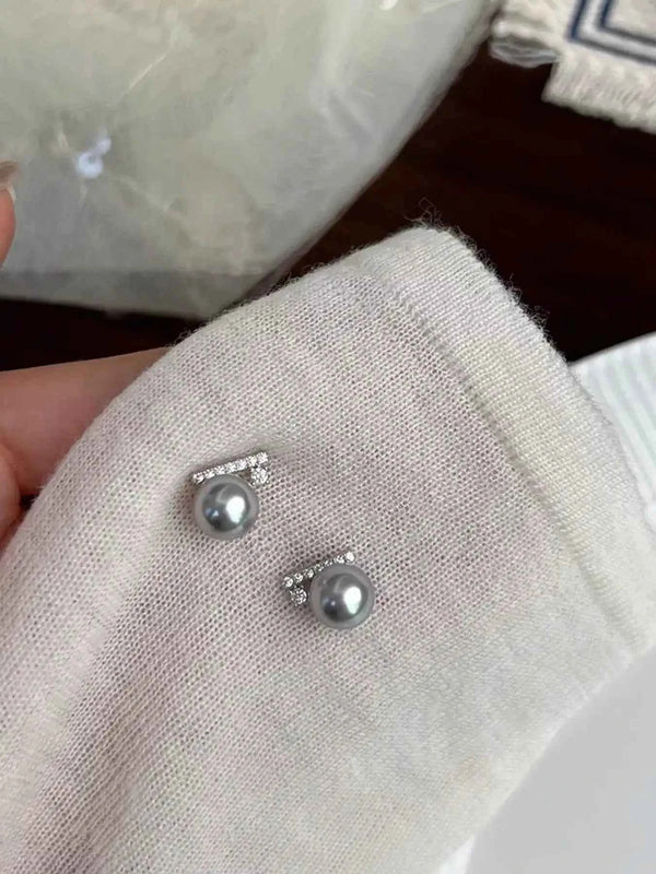 Pearl and zircon stud earrings in silver-plated alloy — additional view 4