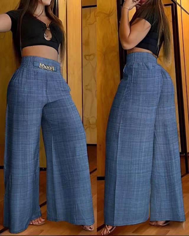 White high-waisted wide-leg trousers product image