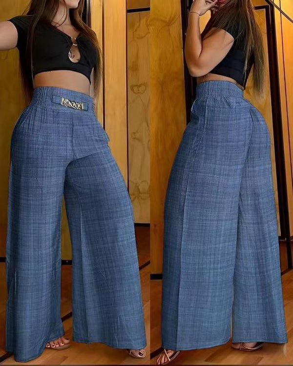 White high-waisted wide-leg trousers product image