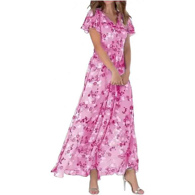 Floral Print Off-Shoulder Chiffon Maxi Dress-Dresses-Splashis-Color:Rose Pink-Size:L-Splashis