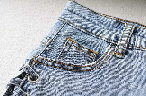 Women’s Blue Bow Detail Denim Shorts, front product view