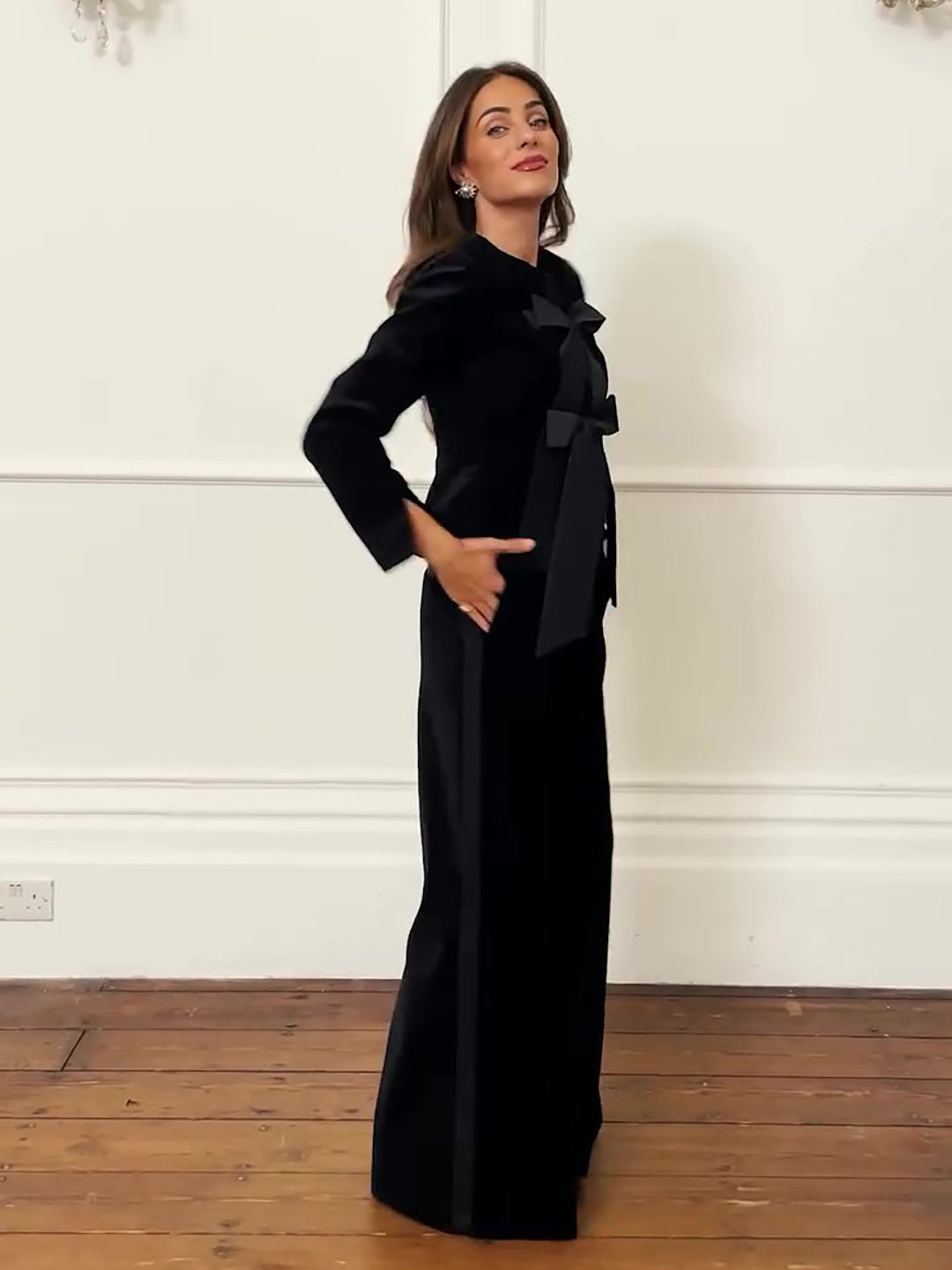 Black Bow Jacket & Wide-Leg Pants Suit, side product view