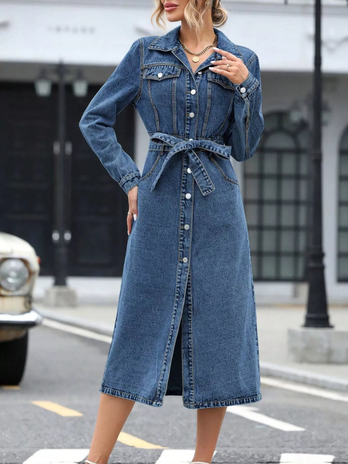 Belted Long Sleeve Denim Dress, alternate product view