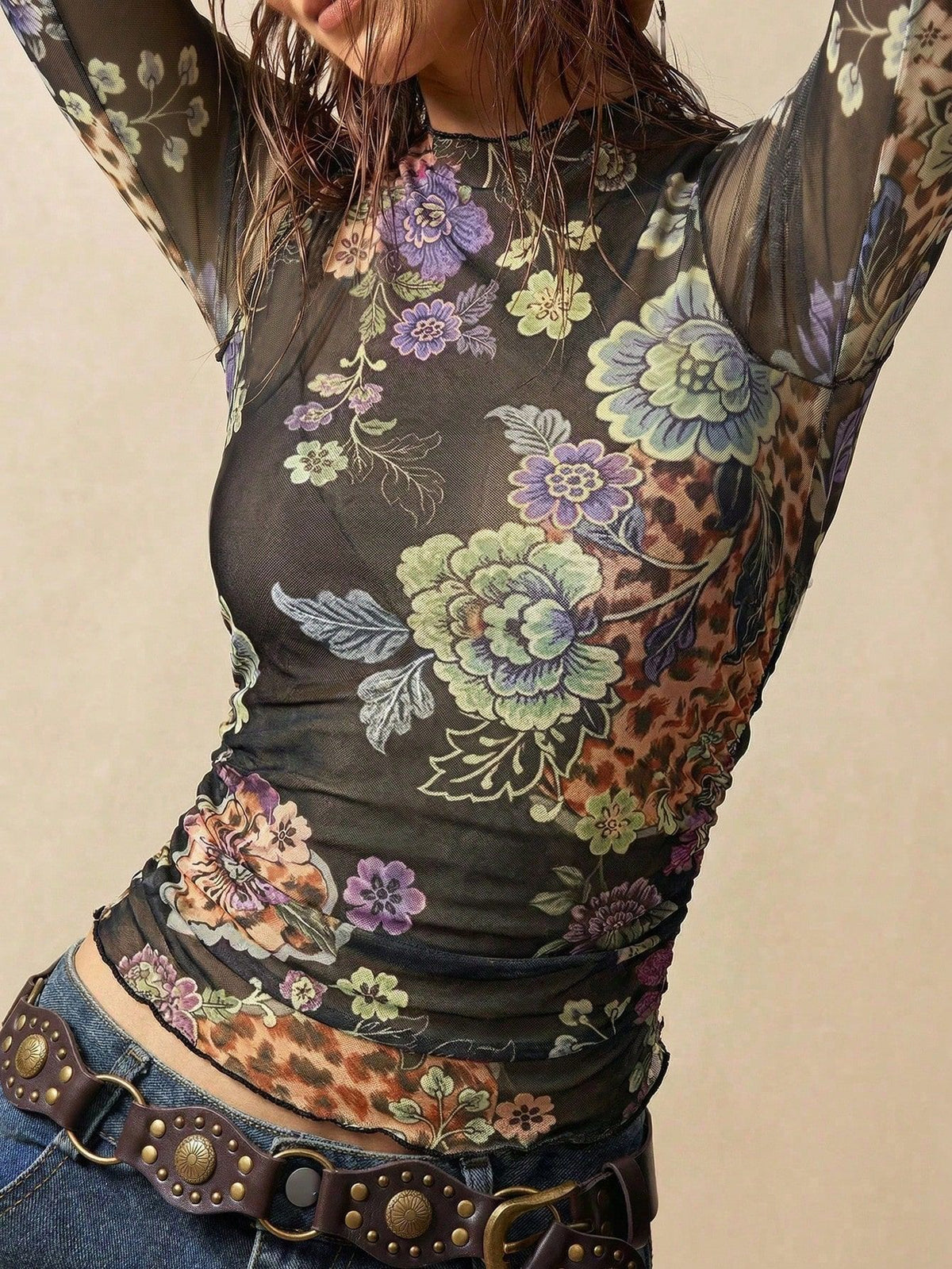 Women's Leopard & Floral Mesh Top – High Neck, Ruffle Trim additional product view
