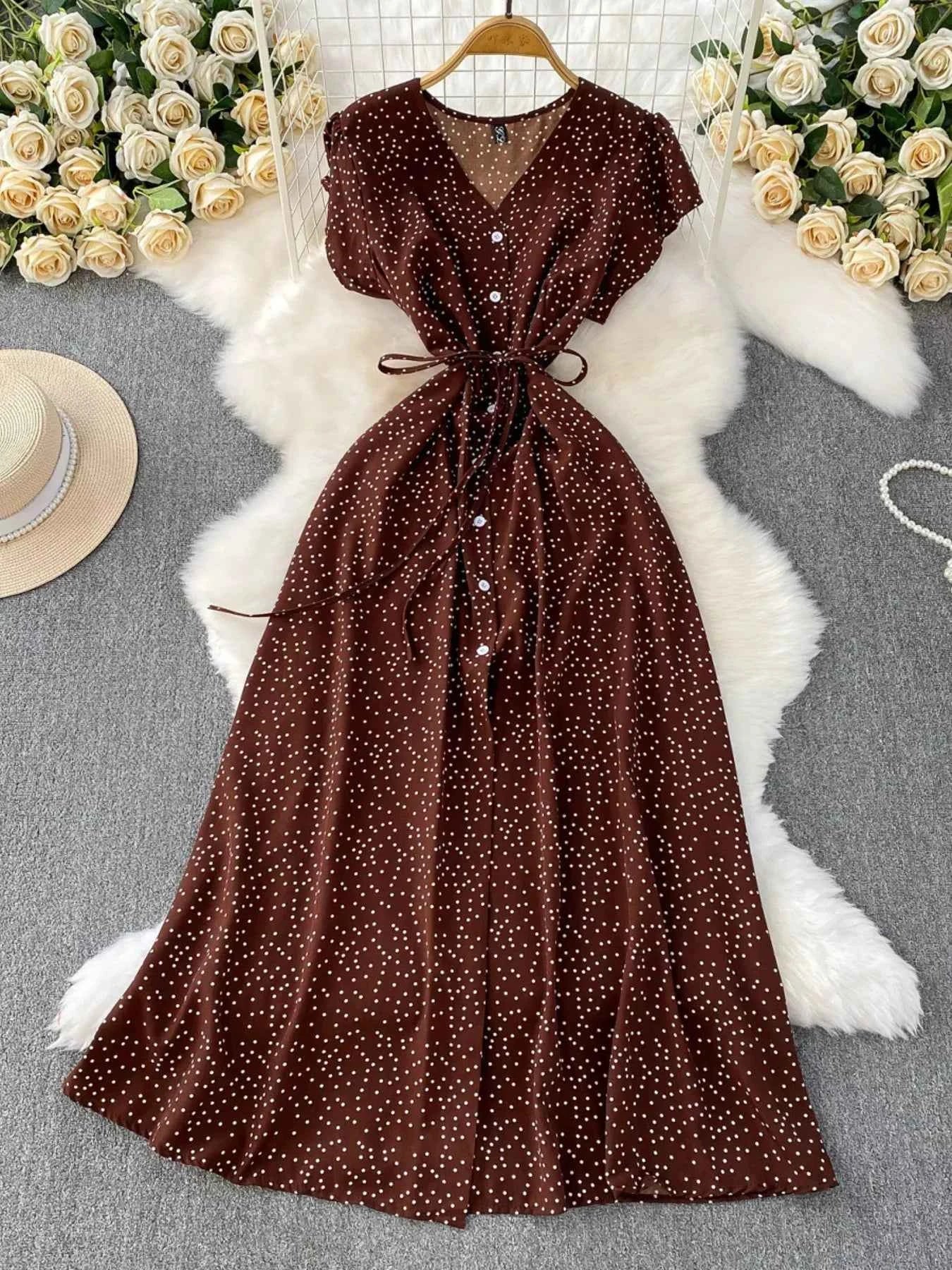 Vintage-Inspired Polka Dot Dress-Casual Dresses-Splashis-Color:Brown-Size:One Size-Splashis