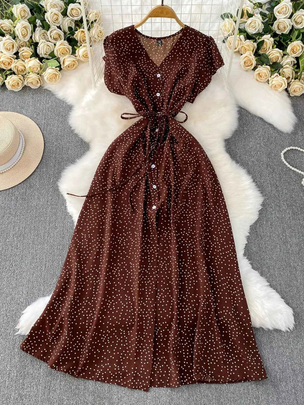 Vintage-Inspired Polka Dot Dress-Casual Dresses-Splashis-Color:Brown-Size:One Size-Splashis