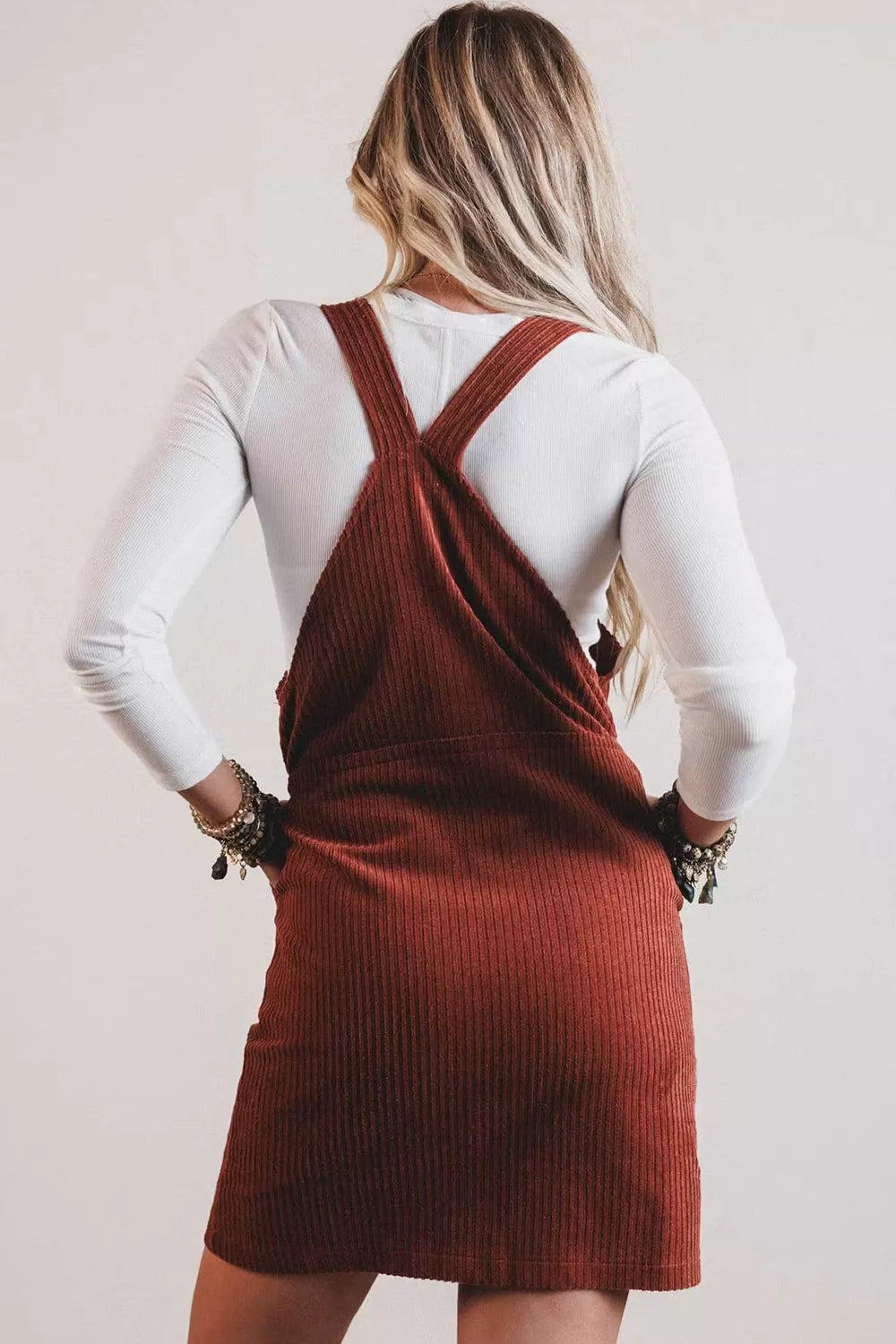 Ribbed Corduroy Zip-Up Sleeveless Pocket Sheath Dress Immagine secondaria del prodotto