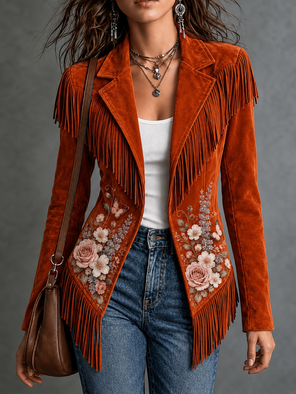 Rust orange women's jacket with floral details and fringe along the shoulders and hem