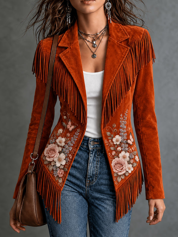 Rust orange women's jacket with floral details and fringe along the shoulders and hem