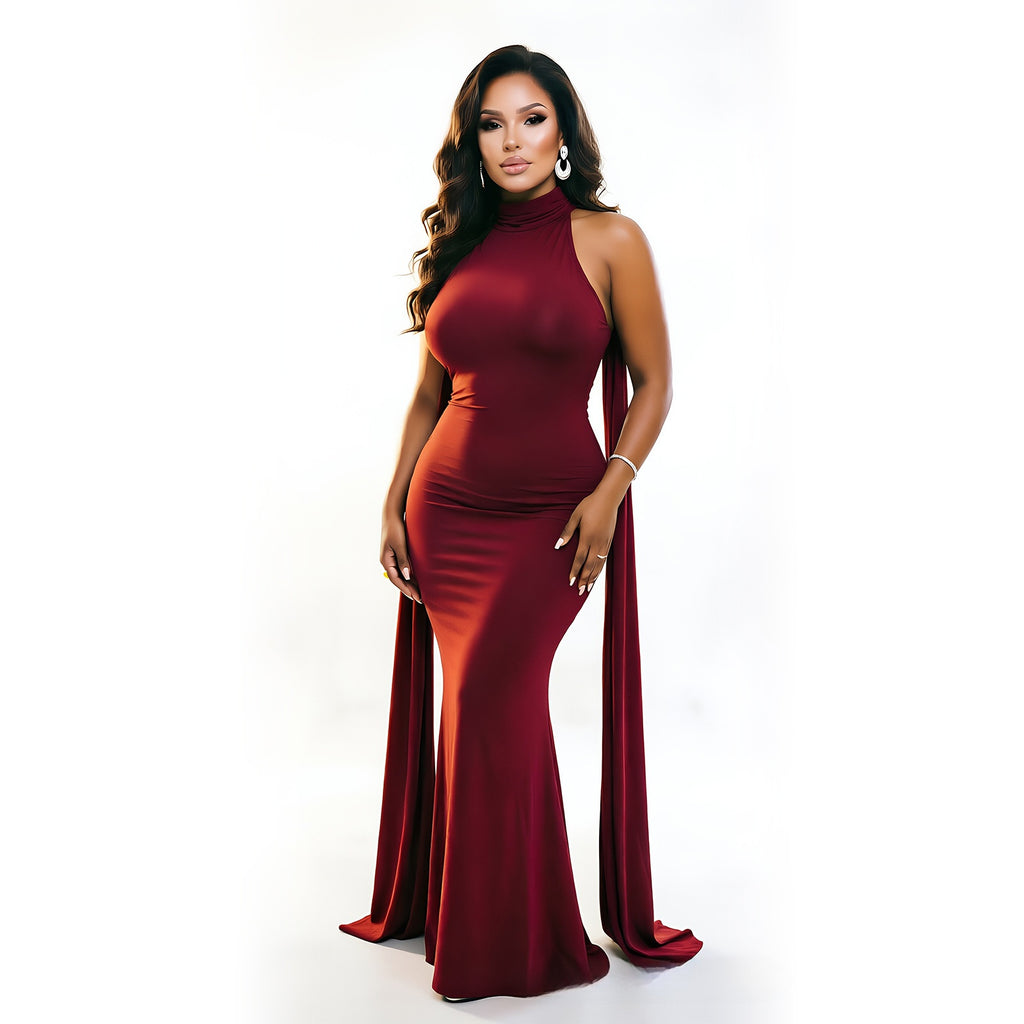 Halter-Neck Fishtail Evening Gown with Cape