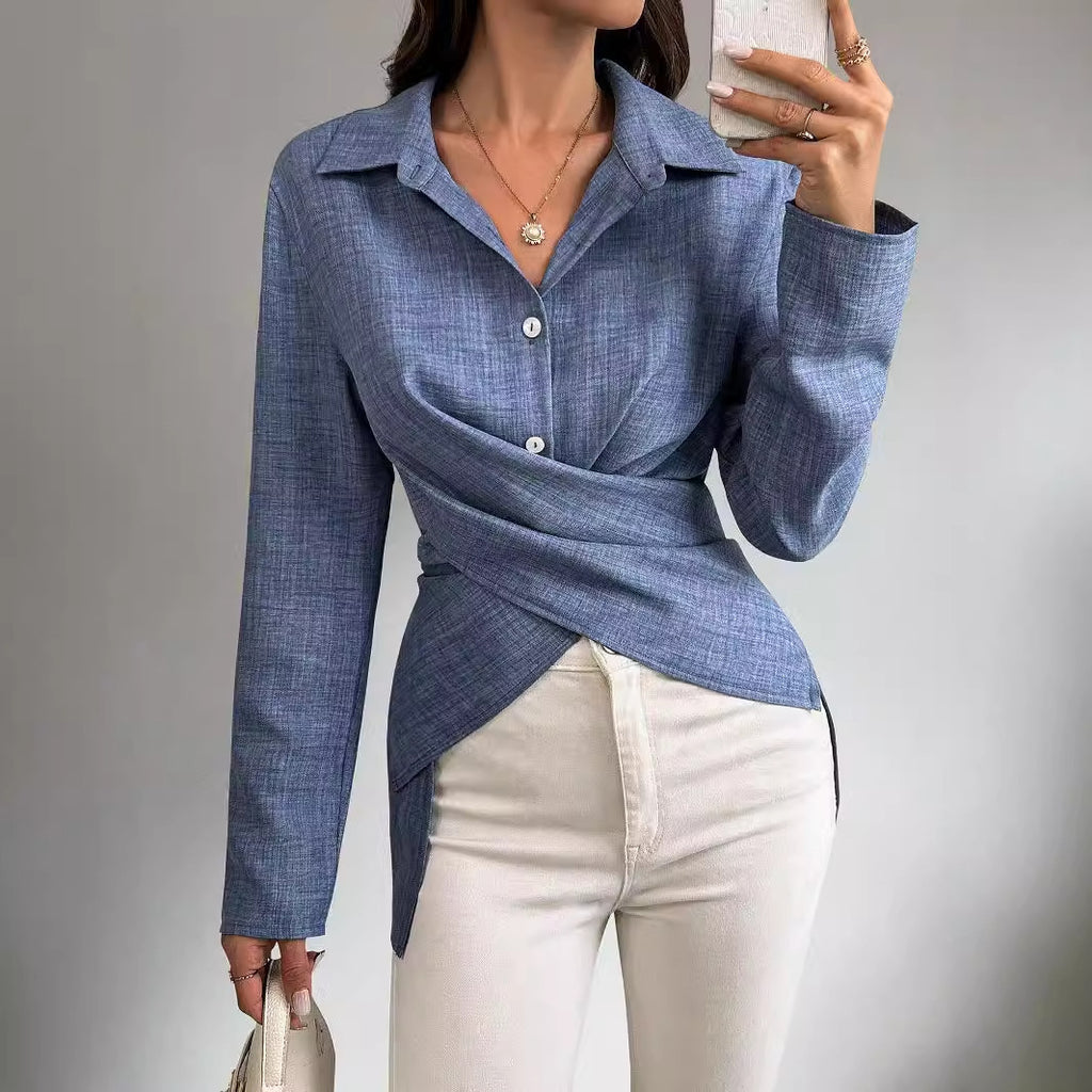 Main product photo of Cross Tied Pleated Long Sleeve Shirt, Women’s Shirt, everyday style