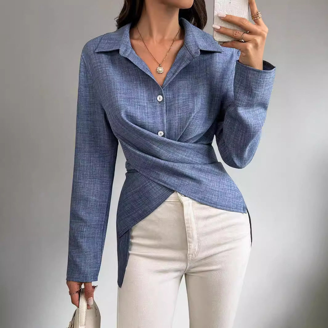 Main product photo of Cross Tied Pleated Long Sleeve Shirt, Women’s Shirt, everyday style