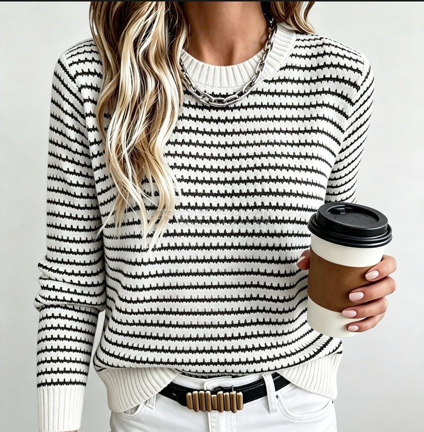 Striped Puff-Sleeve Round Neck Sweater – view 2